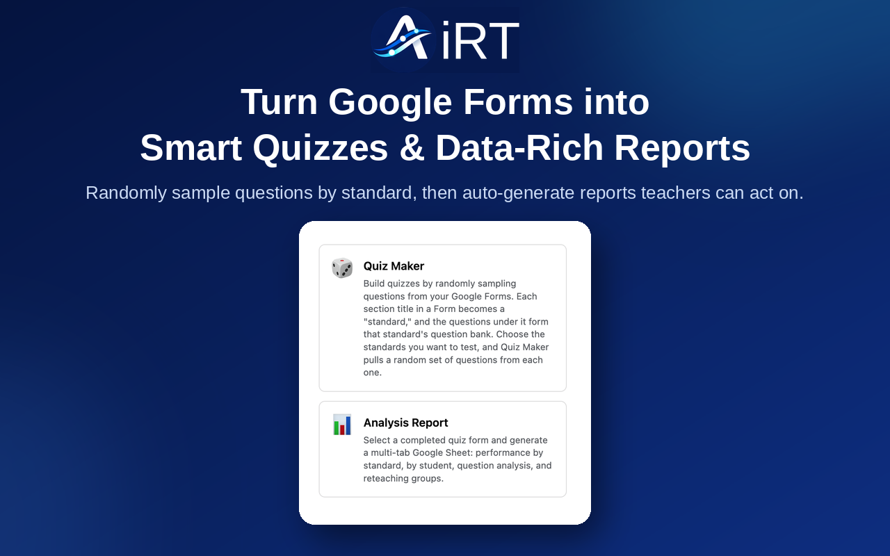 The AiRT side panel showing the Quiz Maker and Analysis Report features