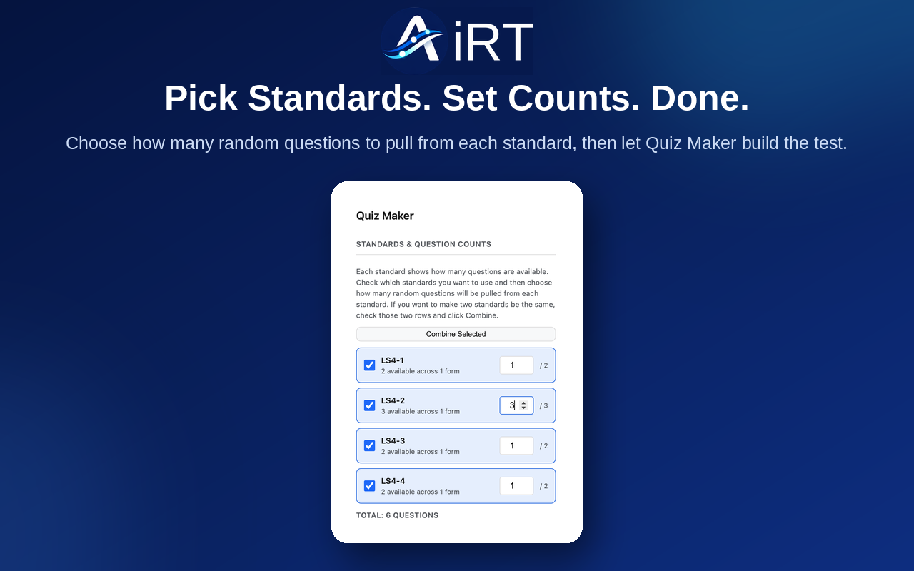 AiRT Quiz Maker: choosing standards and question counts in the side panel